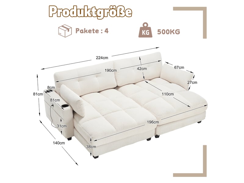  Canapé modulaire 2 places séparable en 2 fauteuils avec usb - lpospi - 4 porte-gobelets, velours côtelé beige  - Conforama D