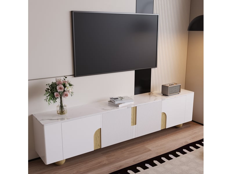  Meuble tv 180 cm à 4 portes, effet marbre, mdf, panneaux de particules, blanc  - Conforama E