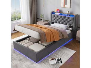 Lit coffre rembourré 90 x 200 cm, éclairage led, prise électrique, cadre de lit en velours, métal et bois, gris foncé