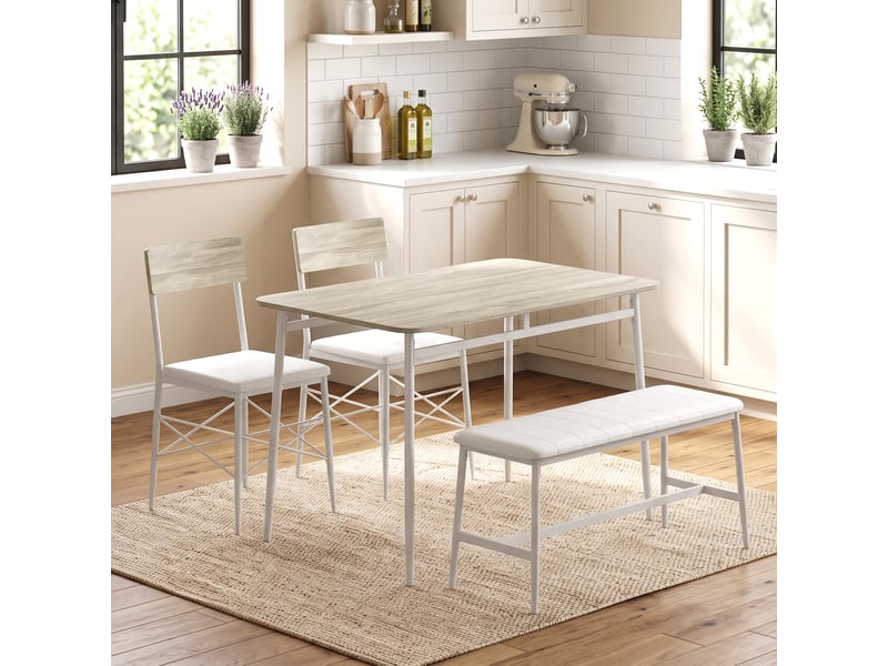  Ensemble table salle à manger avec 2 chaises et banc, assises rembourrées, petit espace, pour salon, chêne et blanc  - Conforama D