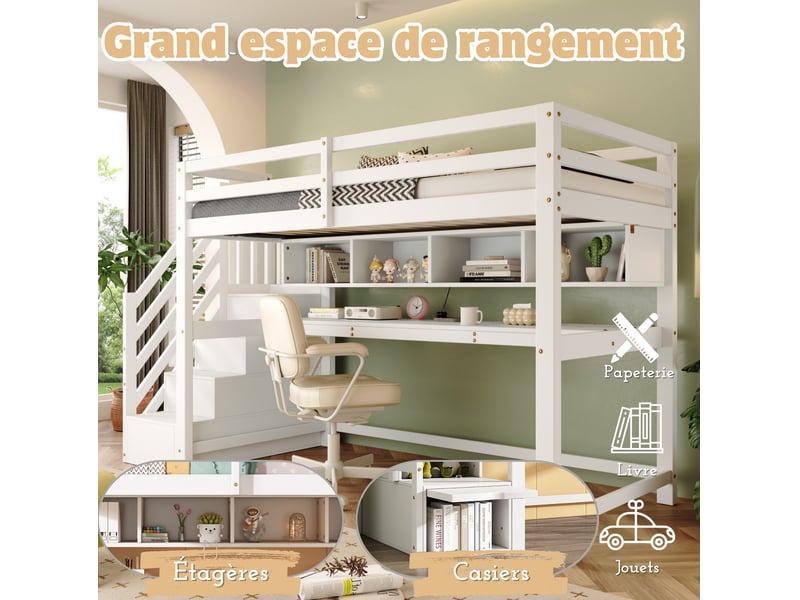  Lit mezzanine enfant 90x200 cm, escalier de rangement, bureau et rangements, bois et mdf, blanc, sans matelas  - Conforama E