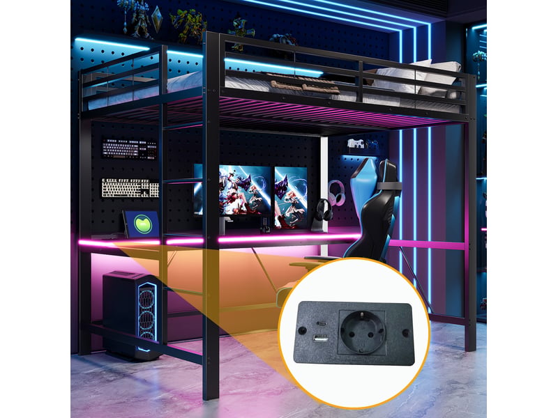  Lit mezzanine gaming 140x200 cm en métal avec bureau, led et usb, noir  - Conforama E