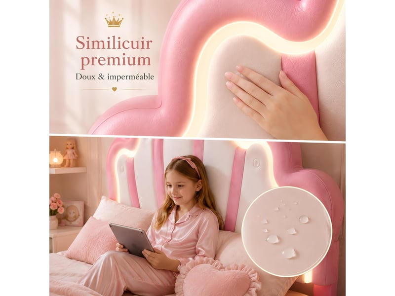 Lit enfant 90x190 cm, lit rembourré en similicuir pu rose avec tête de lit couronne et nuage, éclairage double led rgb (tête et sous le lit), hauteur réglable - Conforama E