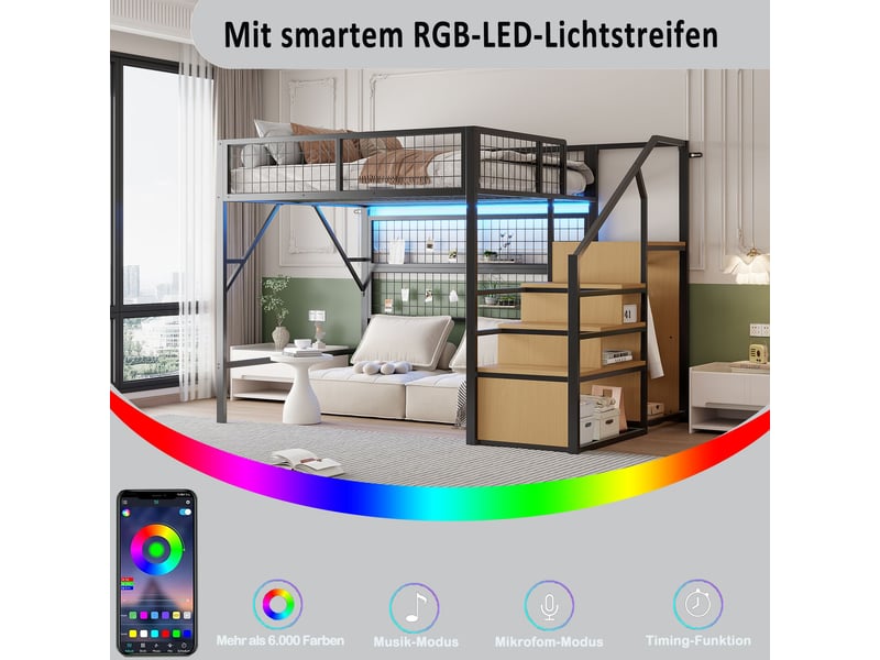  Lit mezzanine noir 140x200cm avec escalier rangement, éclairage led avec application, bureau et étagères - fer - pour enfant ado  - Conforama D