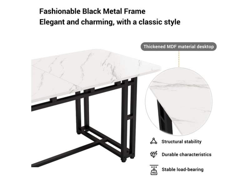  Table à manger de luxe légère 120 x 70 x 74 cm, rectangulaire avec structure en métal et pieds en métal pour salle à manger, blanc et noir  - Conforama C