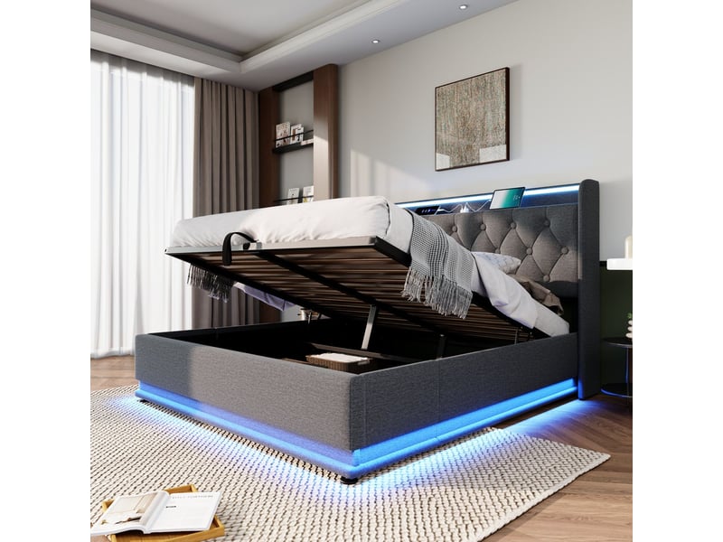  Lit coffre 160x200 cm avec matelas et led 360° - lit rembourré - tissu lin gris, ports usbtype-c, grand rangement  - Conforama B