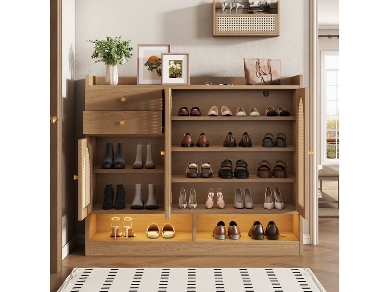 Meuble à chaussures 120x35x100 cm, 3 portes effet rotin et led, naturel  - Conforama B