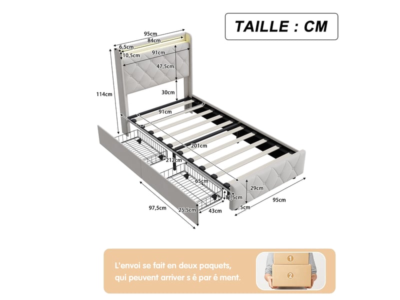  Lit simple rembourré 90x200 cm ,lit adulte avec led et 2 tiroirs ,ports usb ,tête de lit avec rangement ,velours ,beige  - Conforama C