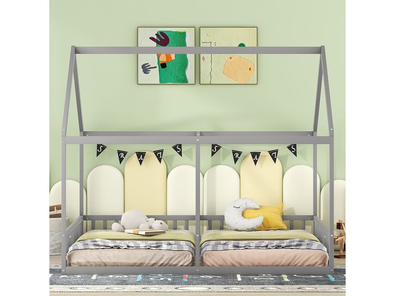 Lit cabane double enfant avec 2 couchages 90 x 200 cm côte à côte et barrières, pin et mdf, gris Fay Lum - Conforama R