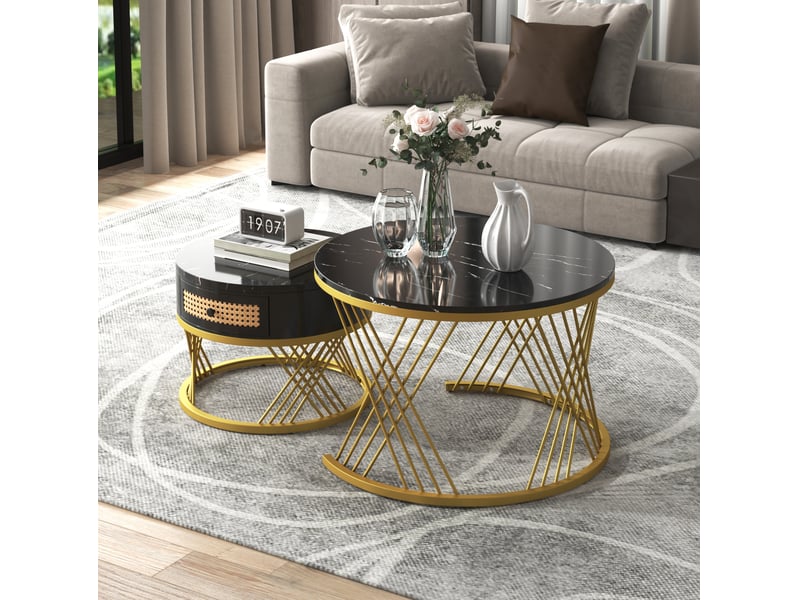  Table basse ronde 2-en-1 70x70-50x50 cm, plateau effet marbre, tiroirs rotin, poignées bois, pieds dorés, mdf noir  - Conforama B