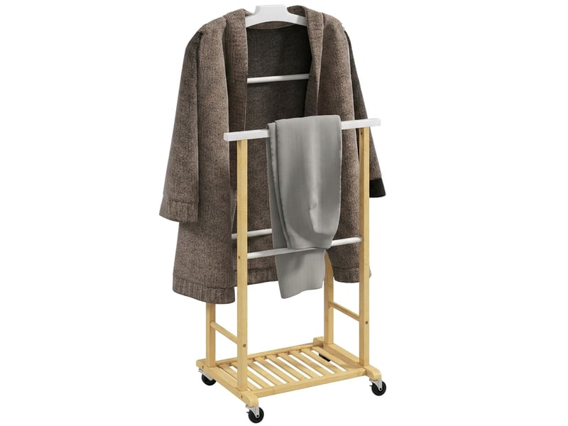  Étagère à chaussures en bambou à roulettes, avec cintre supérieur, barres pour pantalons et étagère inférieure à chaussures, en naturel et blanc.  - Conforama A