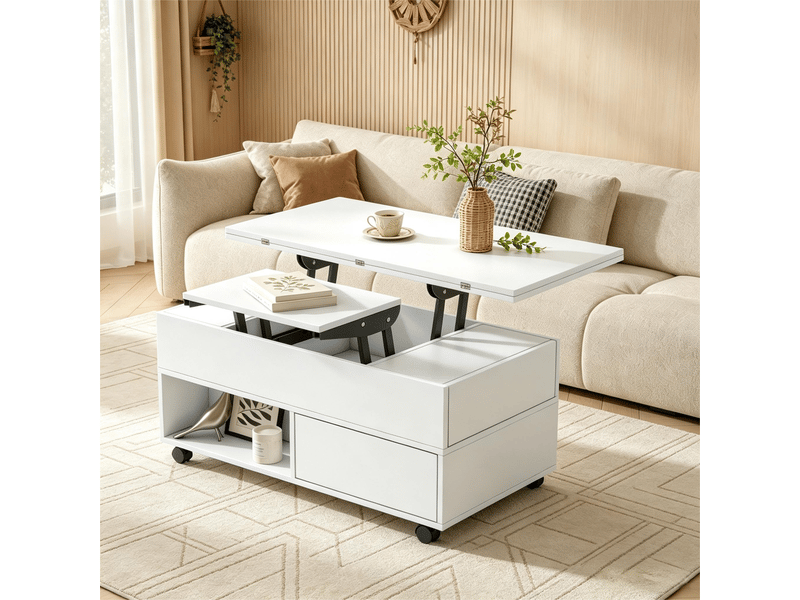  Table basse relevable blanche multifonction 100cm - 4 tiroirs, roulettes, rangement  - Conforama R