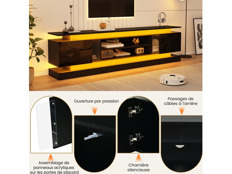  Meuble tv 180x35x60 cm jusqu'à 75 pouces, led rgb bluetooth, 2 portes à pression, mdf noir, rangements réglables  - Conforama E