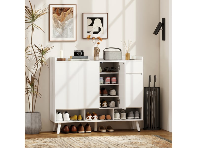  Meuble à chaussures sans poignées, 4 portes, 4 étagères réglables, autoportant avec 5 pieds en bois, bois, blanc  - Conforama B