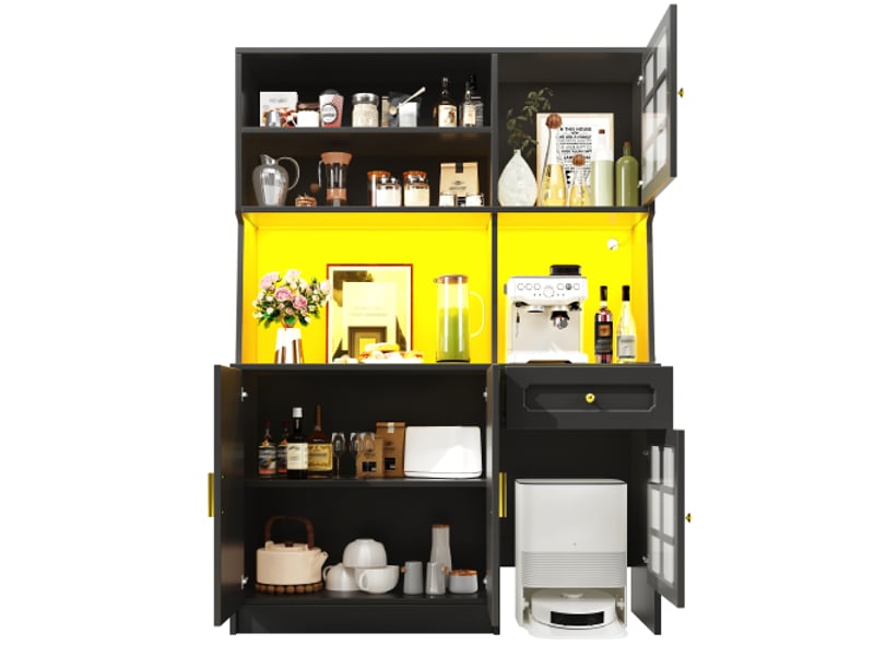  Buffet haut noire 130x45x180 cm, meuble haut avec portes vitrées et éclairage led  - Conforama D