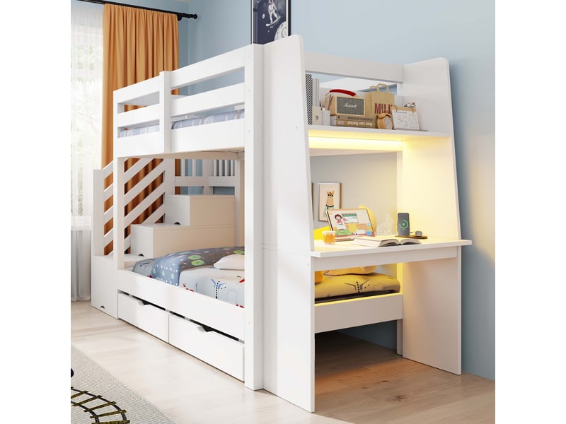  Lit mezzanine enfant simple 90×200 cm bureau, étagères, led et prise  - sans matelas, bois - blanc  - Conforama C