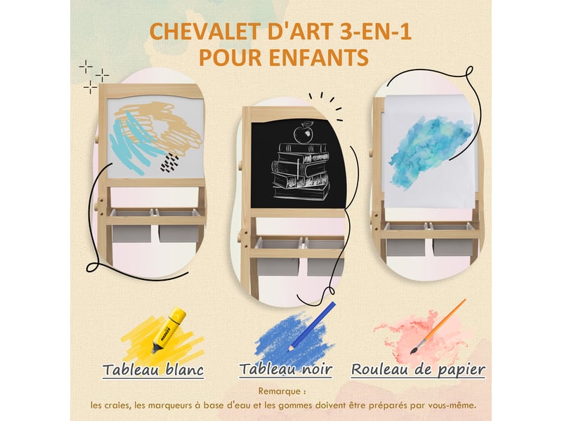 Tableau chevalet enfant ardoise double face tableau blanc tableau à craie rouleau papier naturel 58 x 50,5 x 109 cm  - Conforama A