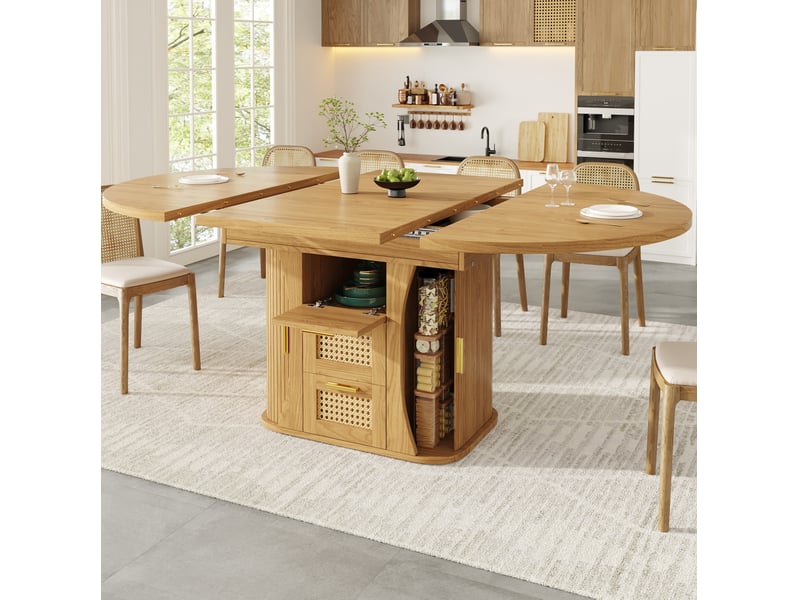  Table extensible avec tiroirs de rangement en mdf et métal, finition bois naturel, pour salle à manger et cuisine  - Conforama B
