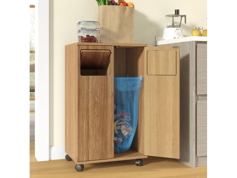  Meuble de tri des déchets à roulettes 46,7x35x80,3 cm avec 2 portes en mdf couleur naturel, confort optimal  - Conforama E