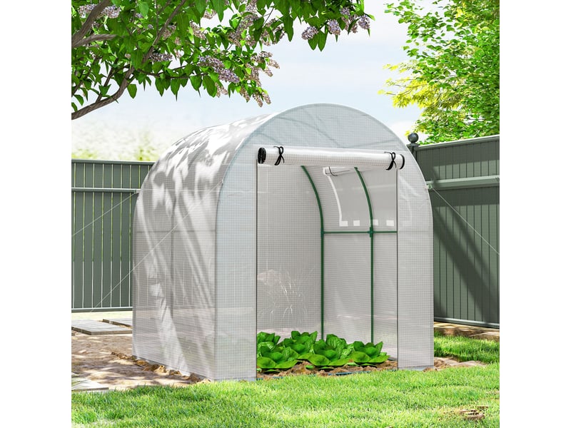  Serre de jardin 180 x 180 x 200 cm, petite serre tunnel avec porte enroulable et fenêtre moustiquaire blanche  - Conforama D