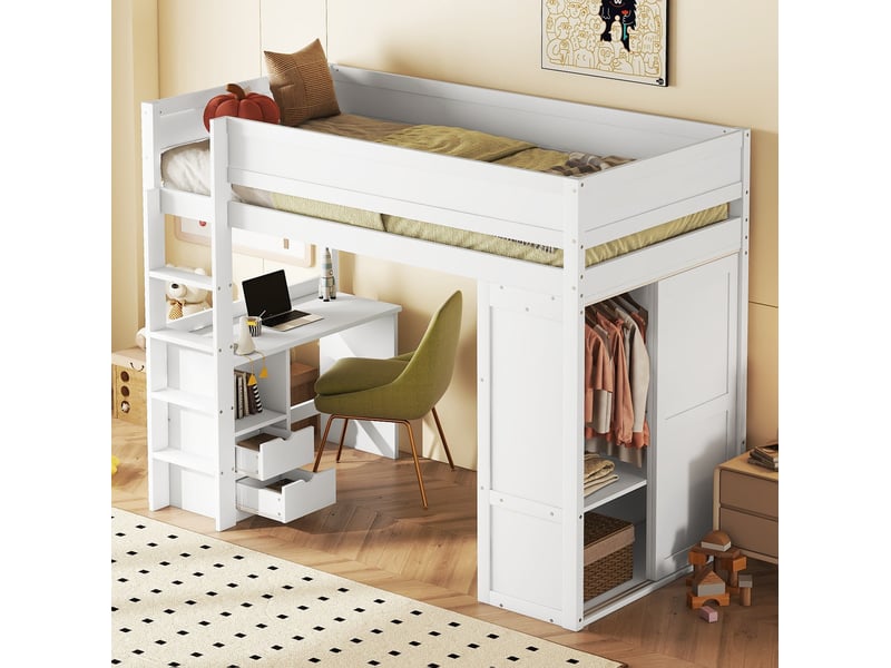  Lit mezzanine enfant 90 × 200 cm 1 place avec bureau, armoire, 2 tiroirs et étagères, sans matelas, en pin, blanc  - Conforama B