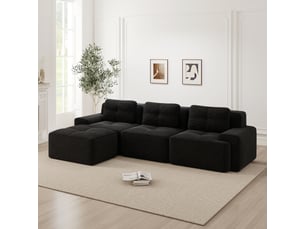 Canapé d'angle, canapé modulable : sans montage, avec pouf, en velours tricoté, 3 places, noir, sans cadre, style cloud