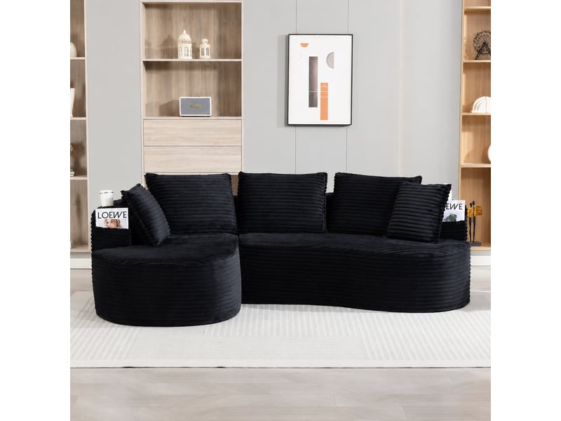  Canapé arrondi en velours côtelé avec deux porte-gobelets intégrés, 5 places, noir  - Conforama D