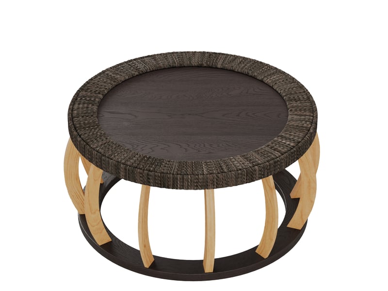  Table basse ulevr ronde vintage 90 cm en bois et mdf noir marron, détails en rotin et pieds courbés  - Conforama A
