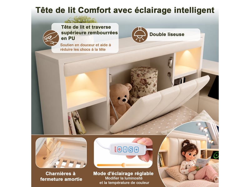  Lit banquette gigogne 90x200cm avec sommier à lattes, liseuses, ports usb, tête de lit en pu et étagères, cadre en bois, sans matelas, blanc evarich - Conforama D