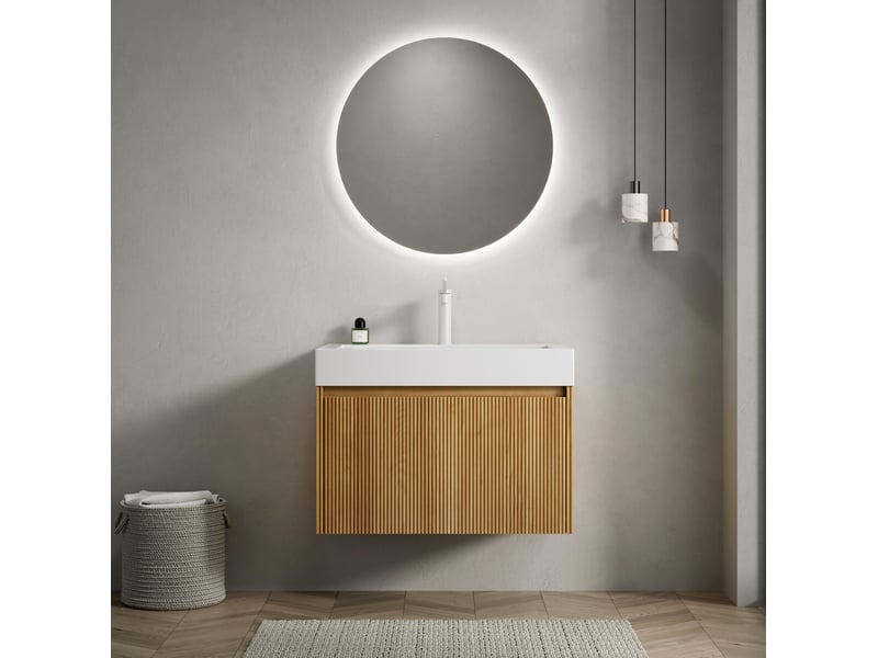 Meuble rangement salle de bain tiroir 70 cm vasque integree bois naturel blanc homvra - Conforama D