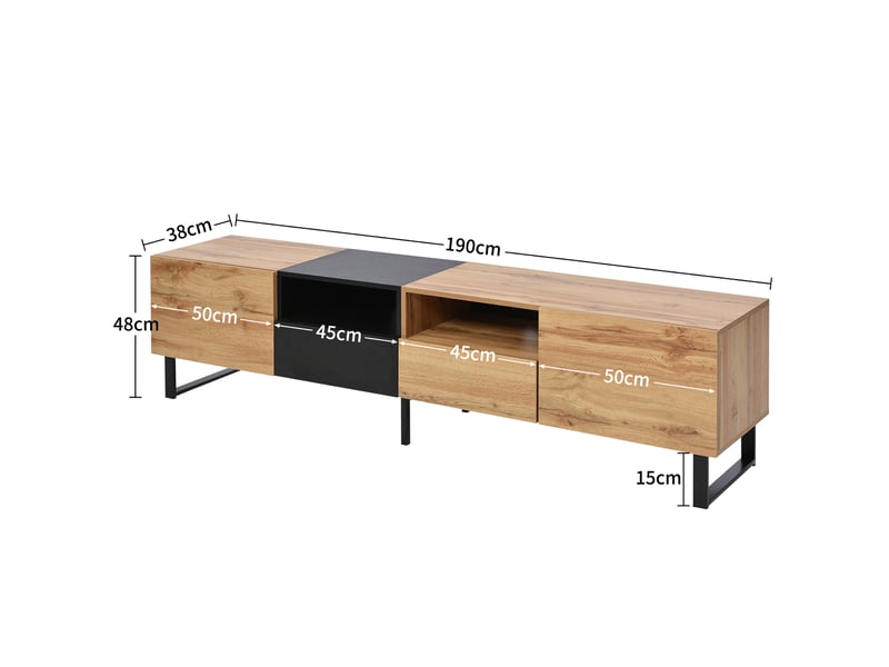  Meuble tv avec 2 portes et 2 tiroirs pour salon 190×38×48 cm en mdf noir et bois naturel  - Conforama D