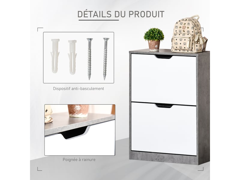  Meuble à chaussures meuble d'entrée placard de rangement, 2 portes abattantes, gris et blanc, 62,5 x 26 x 81 cm  - Conforama E