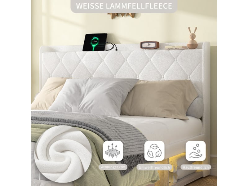  Lit capitonné 160x200 cm, peluche blanche, usb intégré, led latérales, 6 tiroirs  - Conforama E