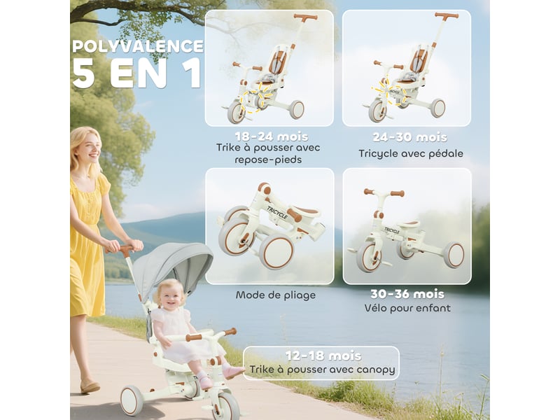  Tricycle bébé évolutif 5 en 1, tricycle enfant pliable avec poignée réglable, capote amovible, pour 1-3 ans, crème  - Conforama D
