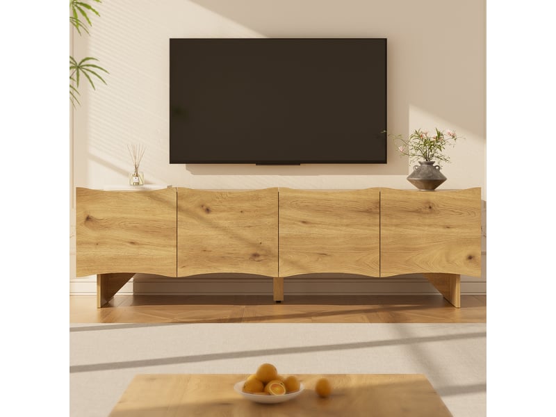  Meuble tv moderne motif vague 155 cm - 4 portes passe-câbles intégré aspect bois naturel  - Conforama B