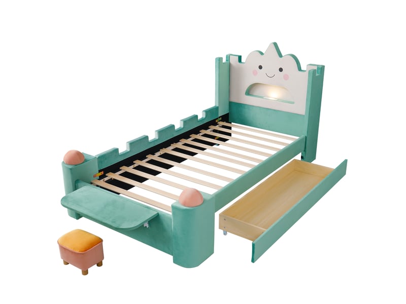  Lit enfant 90x200 cm bleu-vert en velours avec tiroir, led et usb  - Conforama E