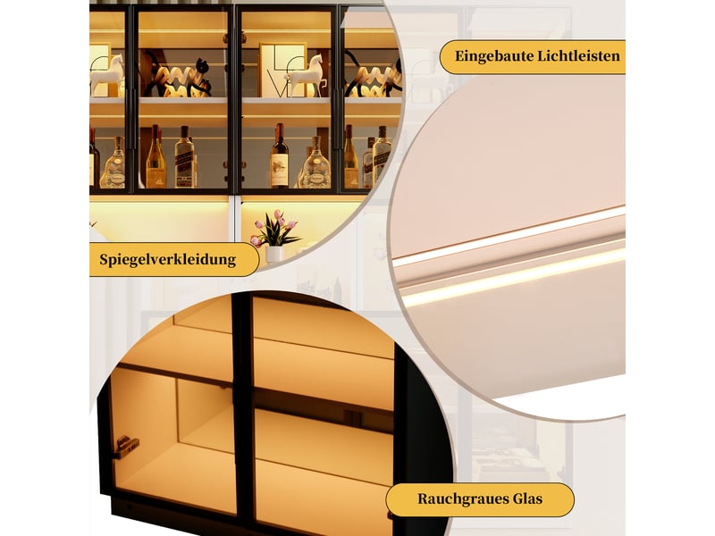  Vitrine 70x30x170 cm avec led, glasvitrine avec portes en verre esg gris et fond miroir, meuble d’exposition mdf pour salon cuisine salle à manger  - Conforama E