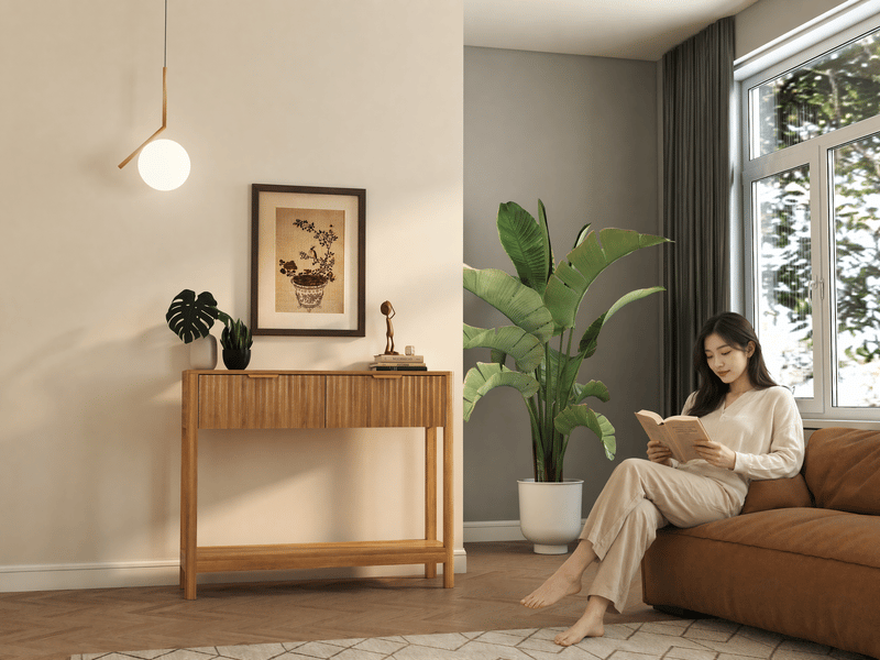  Table d'appoint - console cannelée de style mid-century modern avec 2 tiroirs et une étagère ouverte, chêne, placage chêne  - Conforama D
