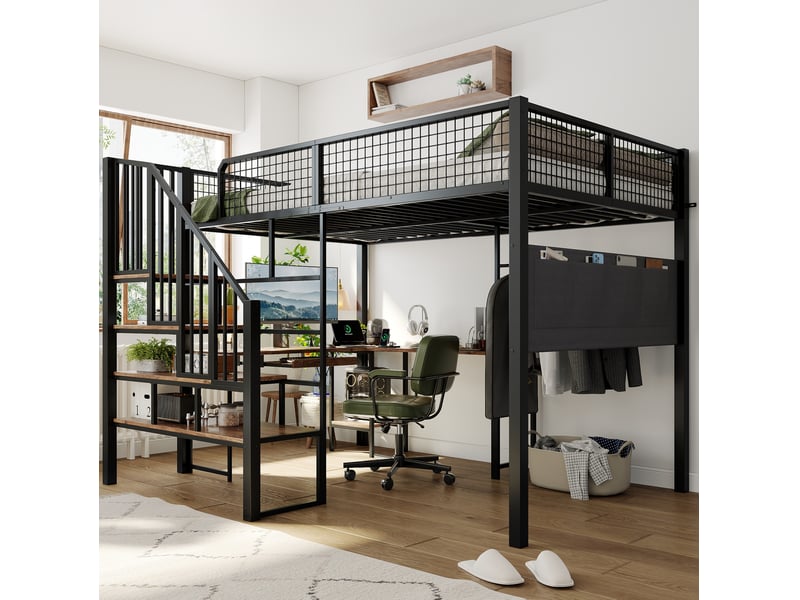  Lit mezzanine 140x200 cm noir avec bureau d'angle, escalier et prise de charge  - Conforama E