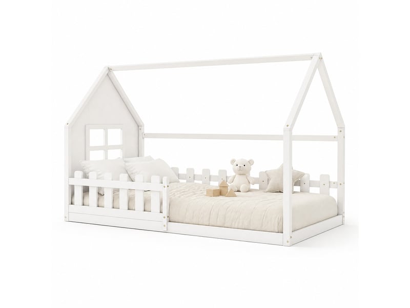 Lit cabane enfant 200×90 cm avec structure en forme de maison et 7 lattes, en pin et mdf blanc - Conforama A