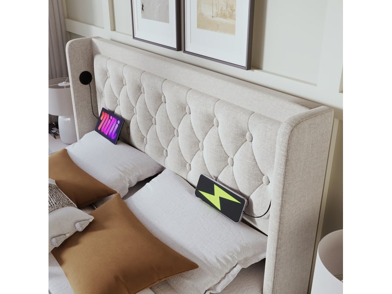  Lit double 160x200 cm avec rangement hydraulique, port usb type-c, led 3 côtés, coton beige, sans matelas  - Conforama D