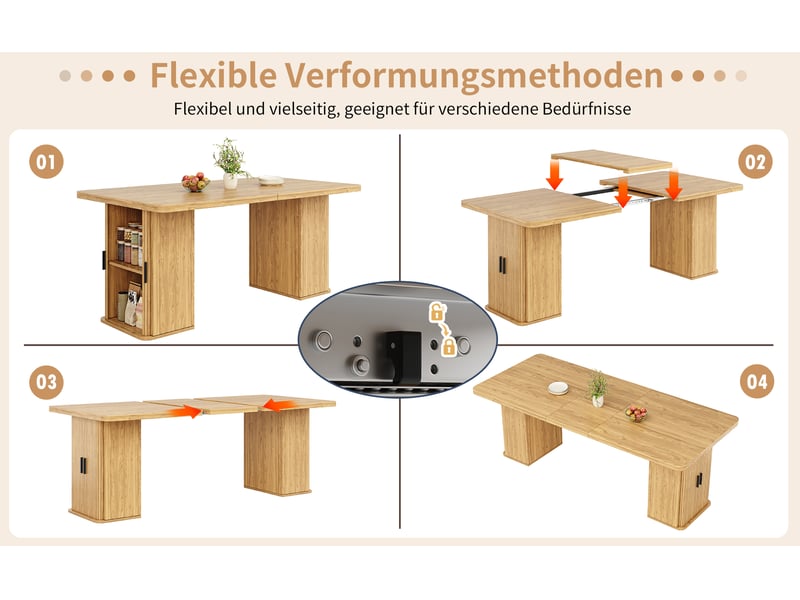  Table à manger extensible 140x80 cm jusqu' à 180x80 cm, rallonge intégrée, rangements latéraux avec etagéres, piètement métallique, mdf+metal, finition bois Morn Vibe - Conforama E