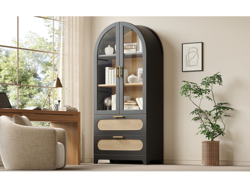  Buffet haut vitré, 2 portes, 2 tiroirs effet rotin pe, 3 étagères réglables, mdf et métal, 80×40×175 cm, noir  - Conforama B