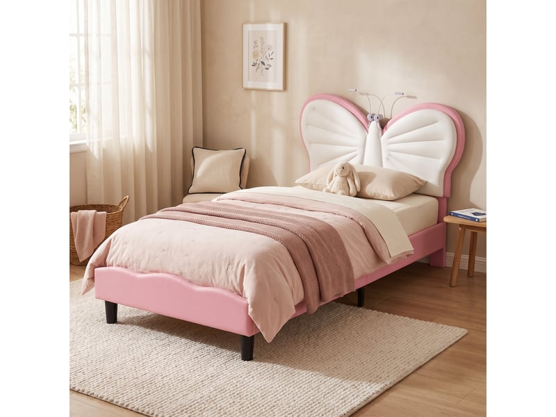  Lit simple 90x200 cm, lit enfant capitonné avec lampe de lecture, tête de lit papillon réglable et sommier, velours, rose et blanc  - Conforama D