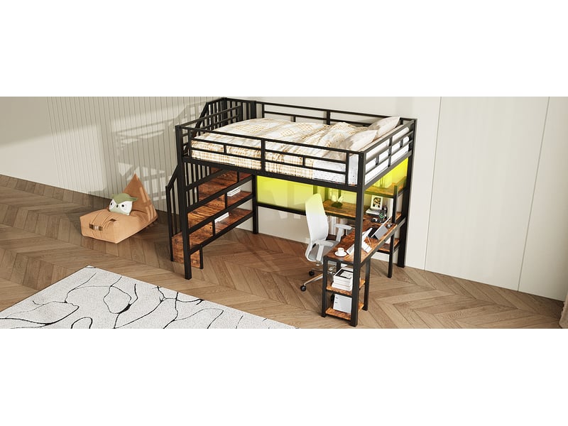  Lit mezzanine double 140×200 cm avec bureau, étagères, led et usb - okmyhome- noir, sans matelas  - Conforama E