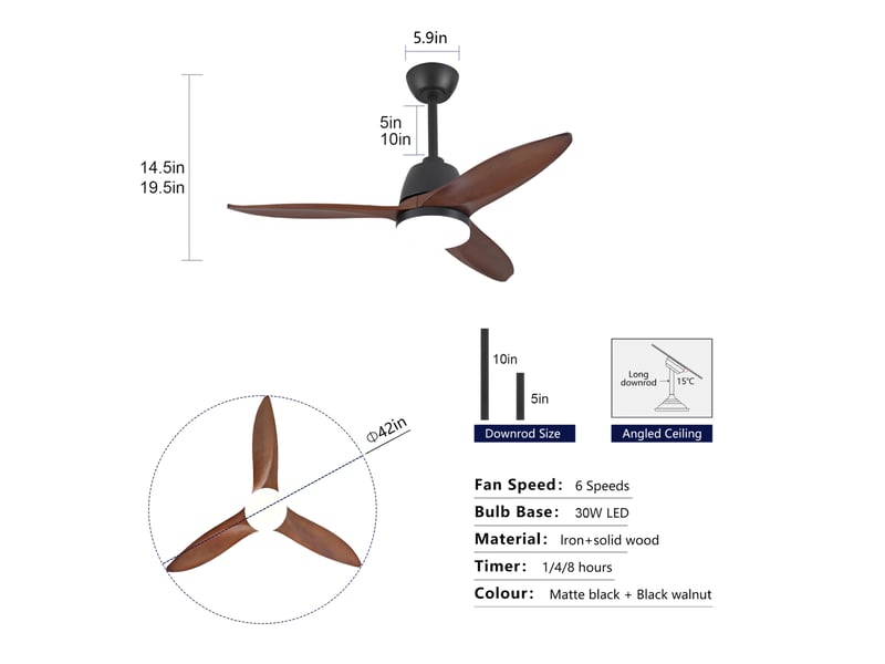  Ventilateur de plafond 107 cm noir et noyer foncé, bois et fer, led dimmable 3 teintes, moteur dc réversible  - Conforama C