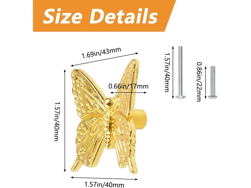  Boutons de style papillon de morobor, 6 unités de couleur dorée, poignées papillon en alliage de zinc pour placards, armoires à vêtements et meubles  - Conforama D