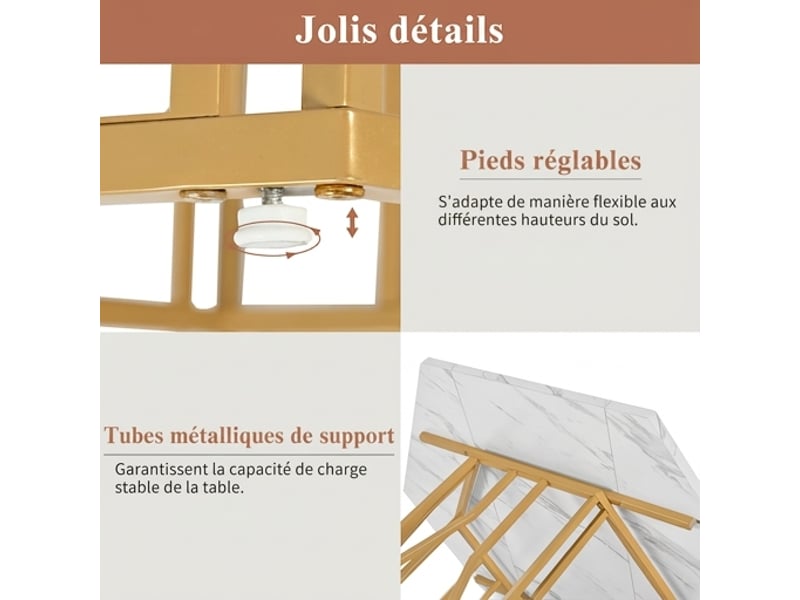  Ensemble table à manger hexagonale et 4 chaises, effet marbre et pieds dorés  - Conforama E