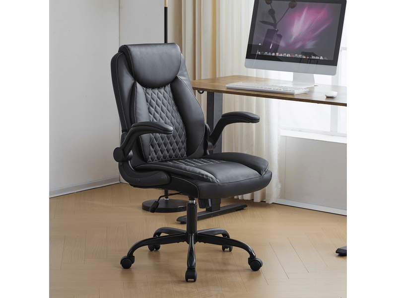 Fauteuil de bureau ergonomique en similicuir noir avec accoudoirs relevables - Conforama B