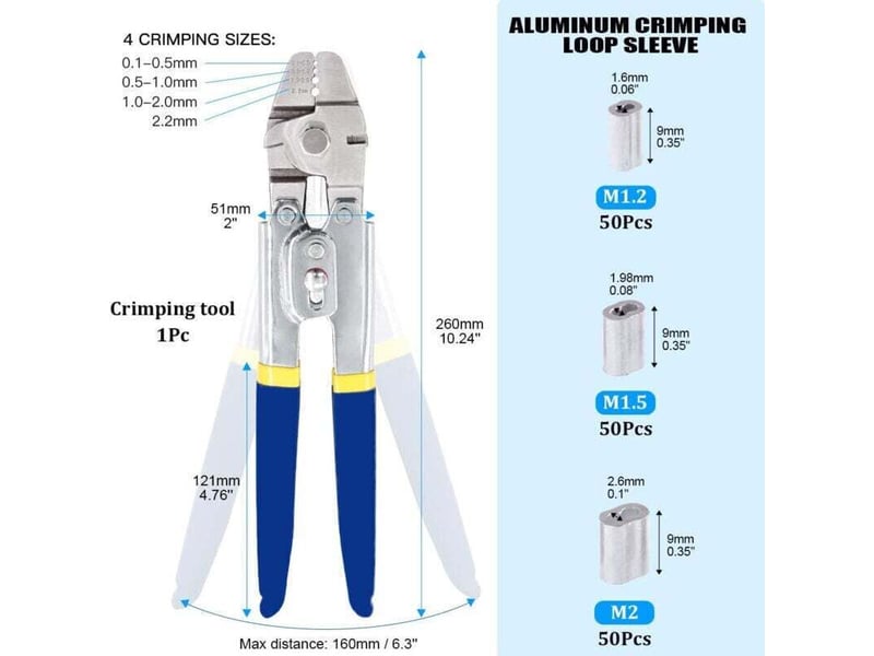  Outil de sertissage de câbles métalliques pour cable métallique jusqu'à 2,2 mm avec 150 manchons de sertissage double barillet en aluminium  - Conforama D